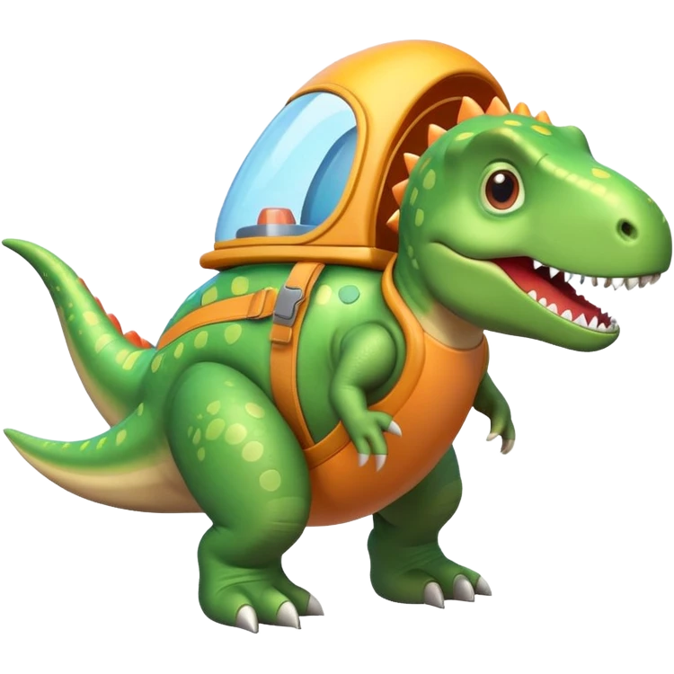 cute toy-like rocket-propelled dinosaur, rounded shapes, glossy texture, colorful rocket backpack, happy expression, 3D cartoon, mobile game icon style, clean background, no text, no watermark
 emoji