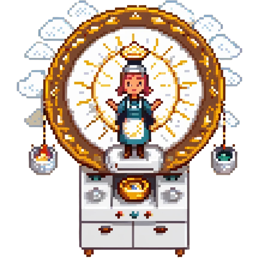 A divine baker surrounded by floating utensils, radiant ingredients, and a halo of light. The oven levitates, powered by pure energy. UI resembles clouds, golden rays, and ethereal scrolls—like a heavenly recipe interface. emoji