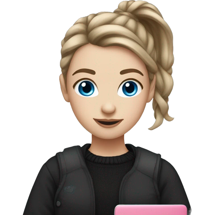 caucasian white IT girl student, holding pink laptop, blue eyes, brown hair ponytail wearing a thick black sweater emoji