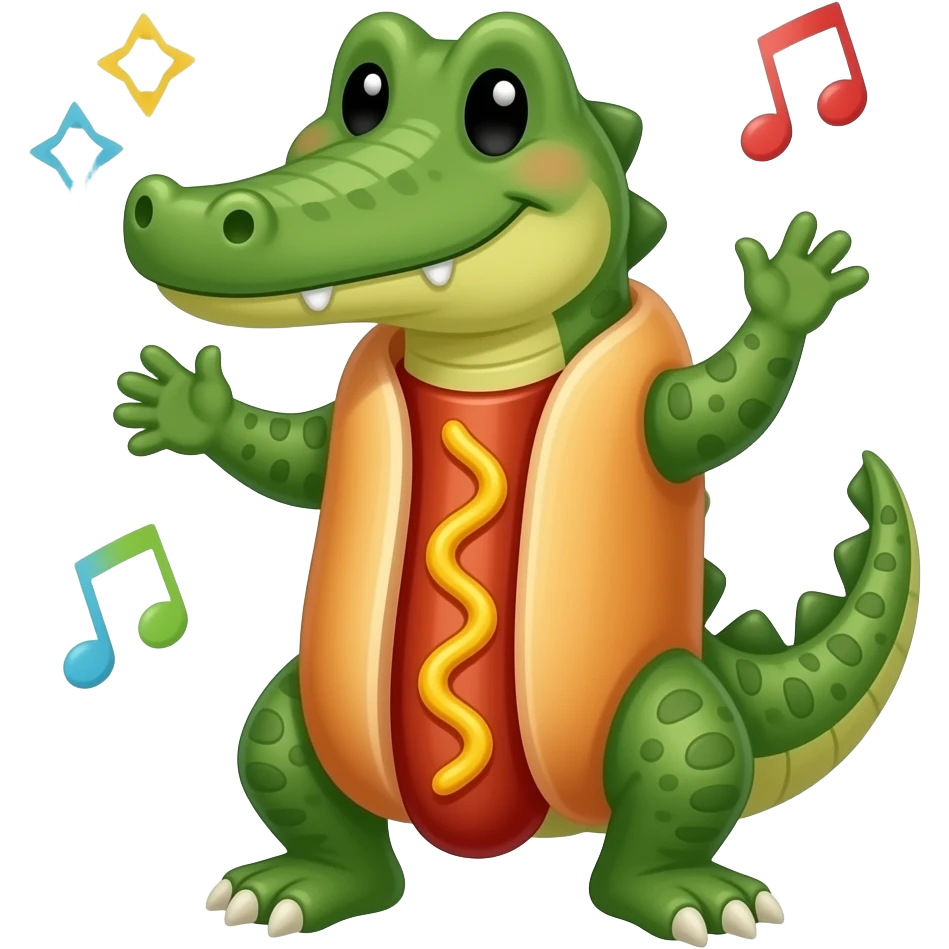 Cute alligator dance party with a hotdog emoji