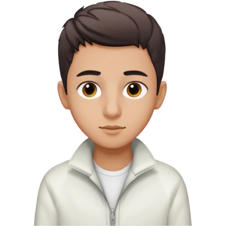 algerian teenage boy with very short gradient hair, brown eyes and long lashes, big nose and he is wear a white jacket emoji