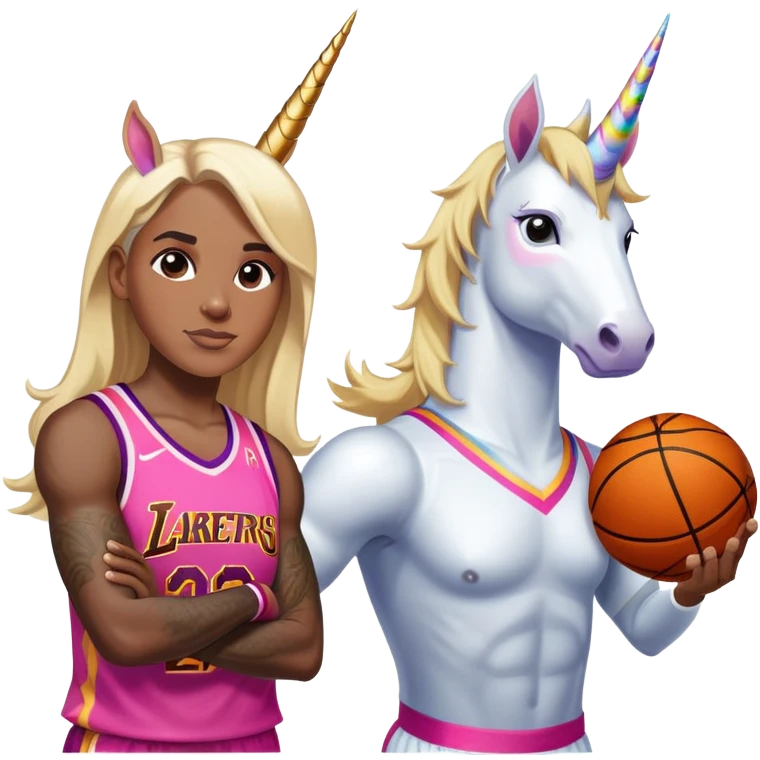 Lebron James super buff  cool 6th grader with cool pretty blond adult girl in basketball unicorns emoji
