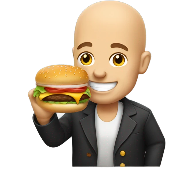 Happy bald man eating a burger and drinking bourbon  emoji