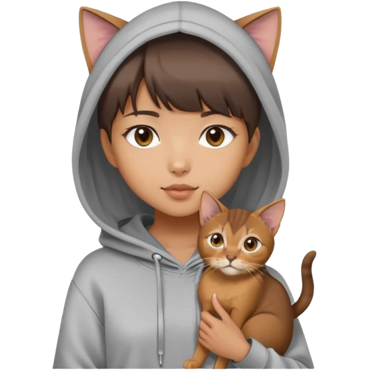a asian girl with short brown hair and bangs holding an Abyssinian cat， wearing grey hoodie emoji