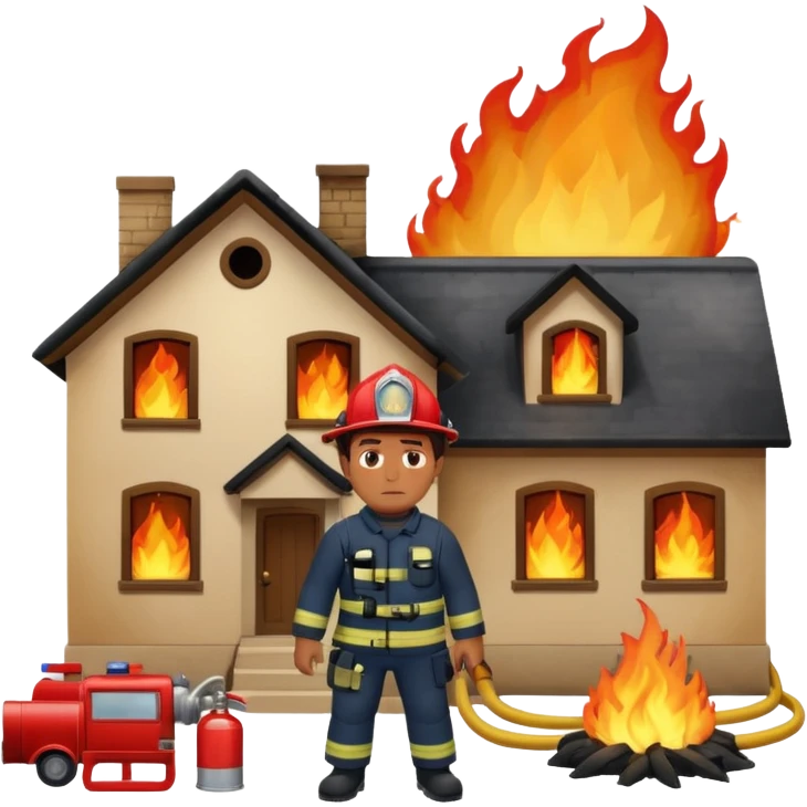 sad man standing with a house on fire behind him, firefighters trying to put out the fire, apple style emoji emoji