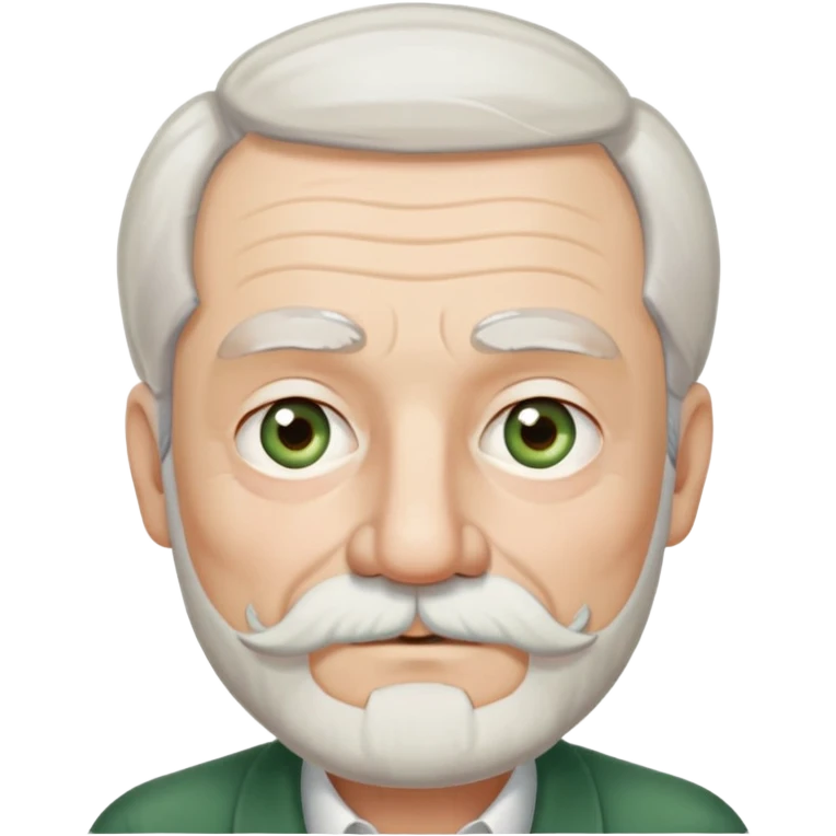 80-year old man with medium white beard and mustache, salt-and-pepper unconnected eyebrows, and green-brown eyes. White, shoulder-length hair parted in the middle. Ears are long and close to his head emoji
