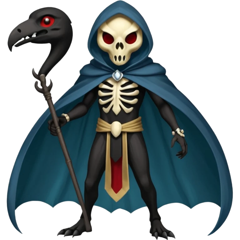 Shiny Dark Edgy  Duskull-Salandit-Inteleon-Fakémon-hybrid-creature (full body) with a bird-skull-mask and a cloak-cape emoji