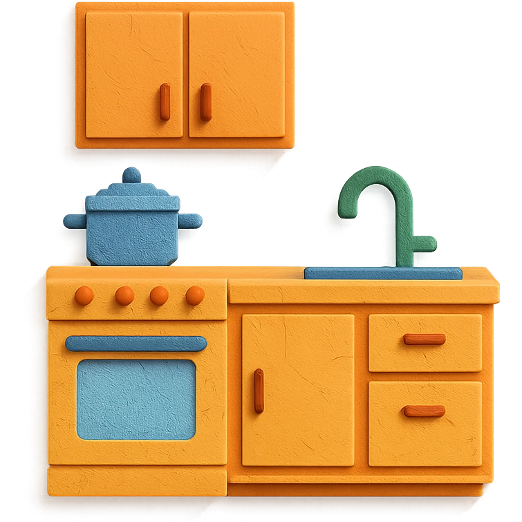 kitchen room with stove, cabinets, and sink in paper craft style emoji