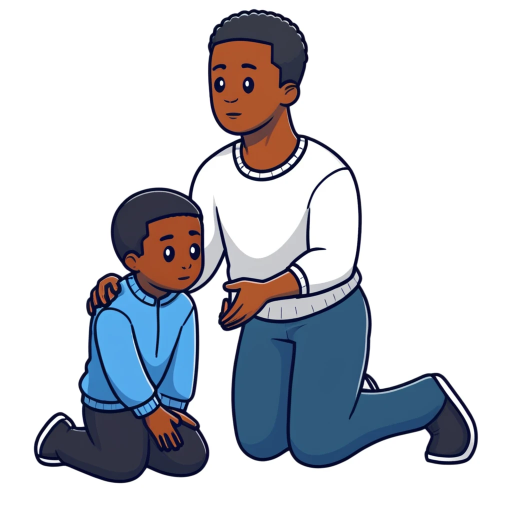 Black man kneeling down in front of white man, respectful pose emoji