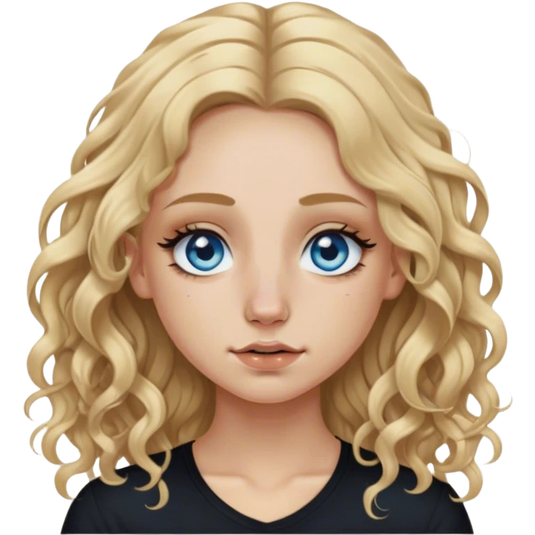 blonde polish girl, long and curly dirty blonde hair in a middle part, long eyelashes, blue eyes, black shirt, nose piercing on both sides  emoji