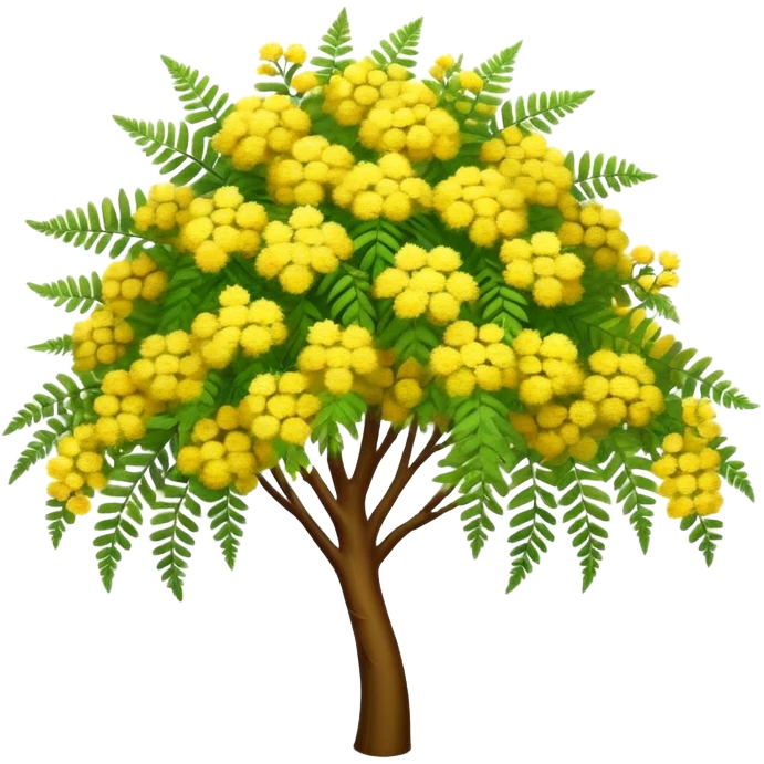 Cinematic Realistic Acacia Emoji, Bright and cheerful, with clusters of fluffy yellow flowers blooming along delicate branches. The wattle’s soft, fern-like leaves sway in the breeze, radiating a sense of warmth and joy. Soft glowing outline, capturing the essence of Australian sunshine, warmth, and beauty in a vibrant acacia tree! emoji