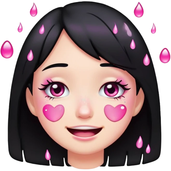 black hair girl crying with pink glitter tears, smiling, emoji style emoji