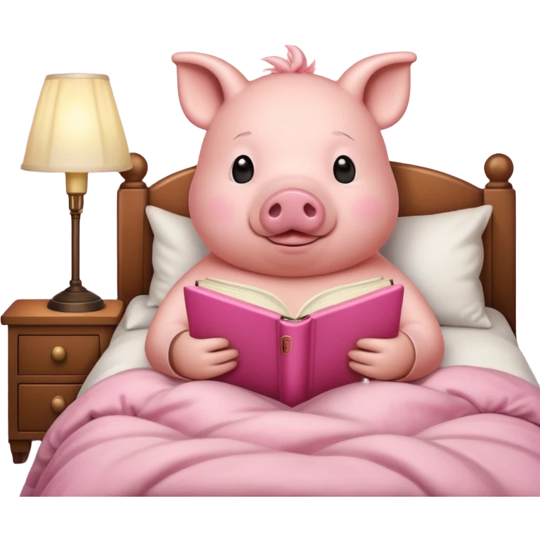 pig reading in bed with retro light lamp next to it emoji