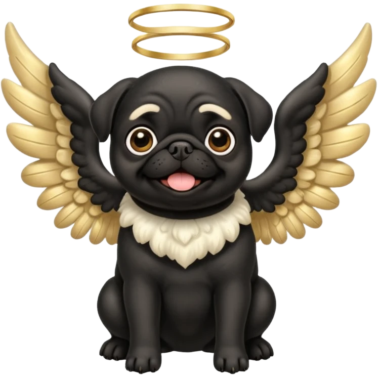 Black pug with big fluffy cream colored angel wings with gold dust on them emoji