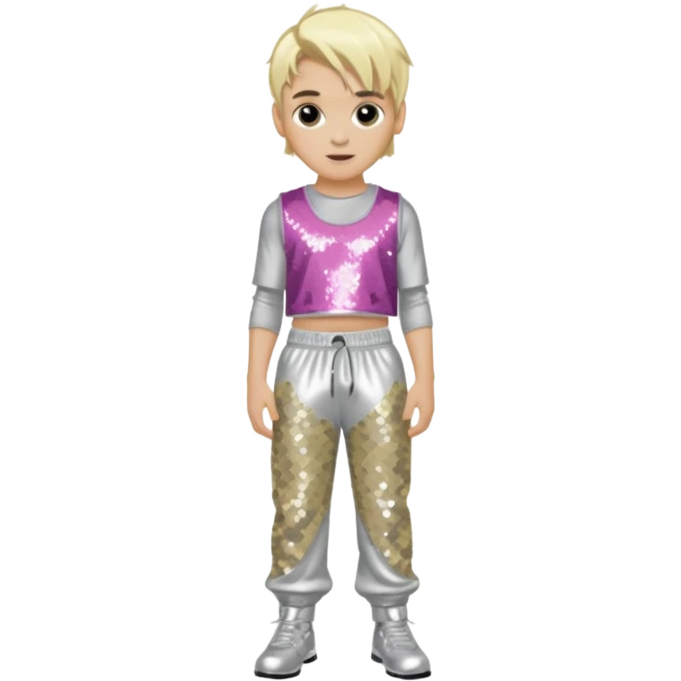 Aaron Carter with blonde hair, silver sequin crop top, silver sequin baggy pants emoji