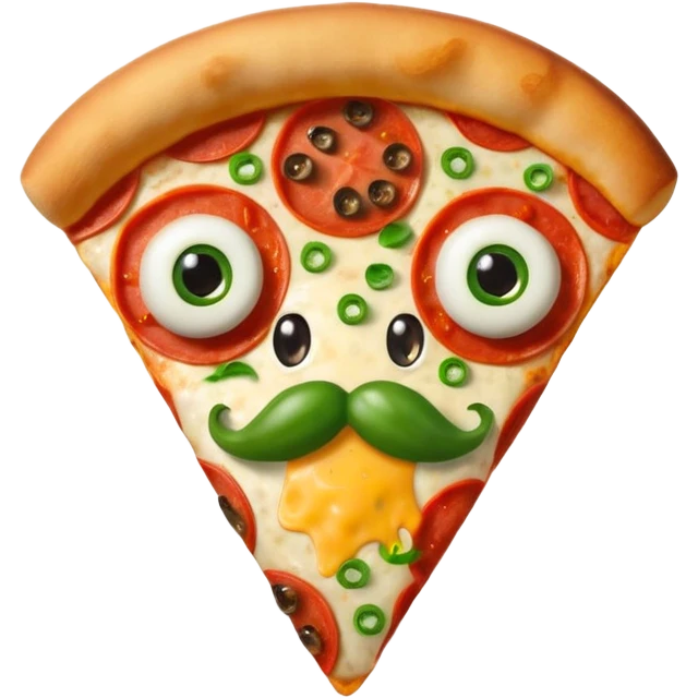 Make a photo of a pizza with pepperonis from eyes and mushroom from the nose and green bell pepper from the mouth and mustache emoji