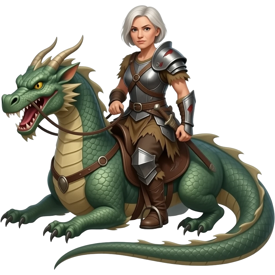 Shorter white hair older woman warrior riding dragon emoji