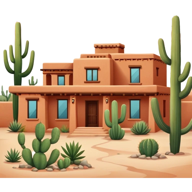 Tucson style house with adobe walls, flat roof, southwestern architecture, desert landscaping, cactus emoji