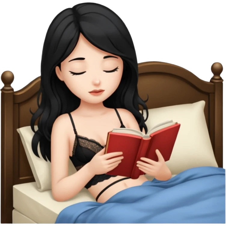 Girl black long hair reading book sleepy bed lingerie emoji
