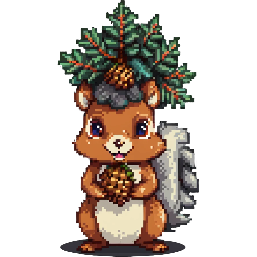 A greedy squirrel with a large pine cone balanced on its head, with a weird facial expression and wide eyes emoji
