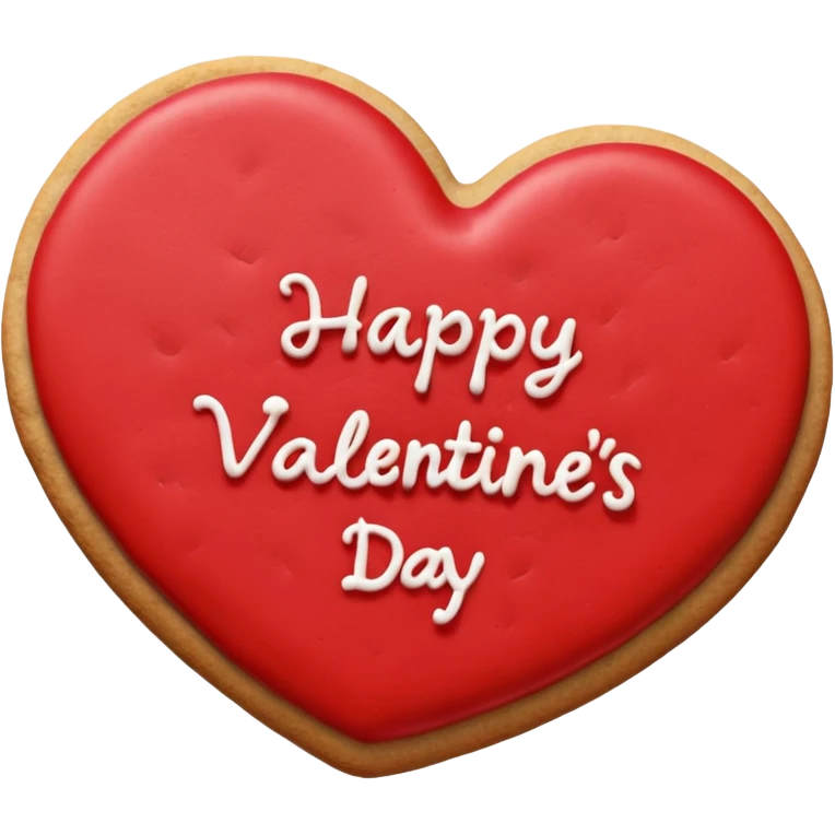 Heart-shaped cookie with smooth red icing, write 'Happy Valentine's day' on top of the red icing in white icing emoji