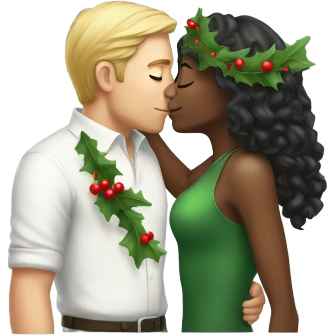 Light dark girl kissing white man under a mistletoe emoji