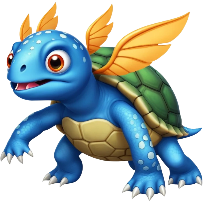 A blue creature with fangs, alien googly eyes, claws, wings, with white dots, and a turtle shell. it looks strong. fire breathing emoji