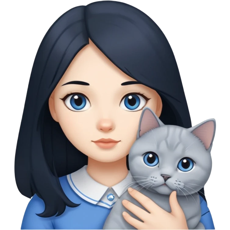 A girl with long black hair is holding a blue and white British shorthair emoji