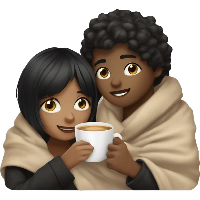 BROWN SKIN BOY, with BLACK SHORT HAIR and a TAN SKIN GIRL, with BLACK HAIR and BANGS, inside a blanket sipping coffee emoji
