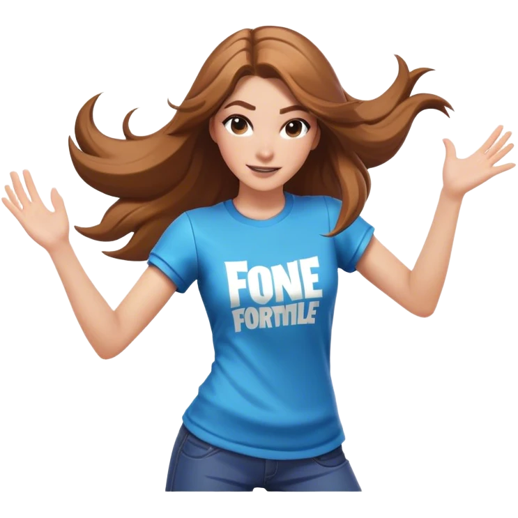 White girl with light long brown hair dancing with Fortnite shirt emoji