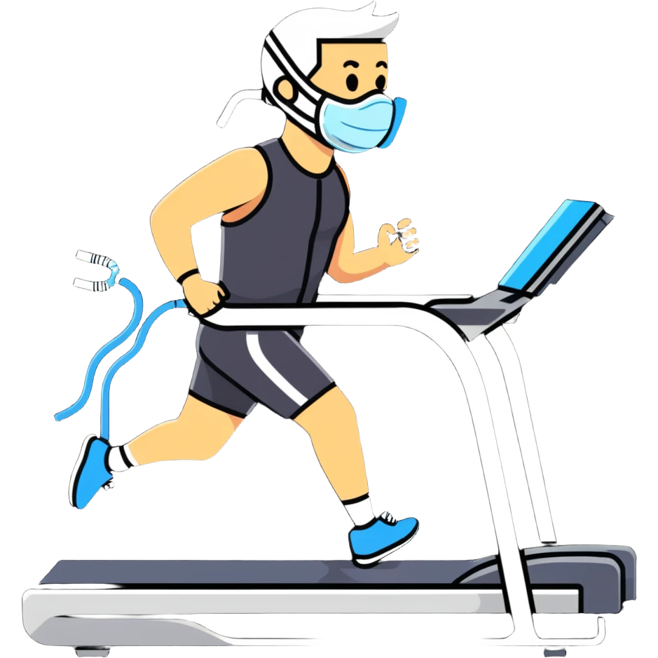 Runner on treadmill wearing oxygen consumption mask with tubes and sensors, VO2 max test in progress emoji