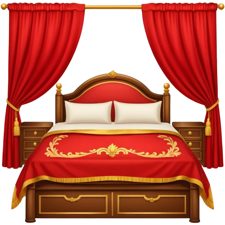 bed with red and gold sheets, wooden, red courtains emoji