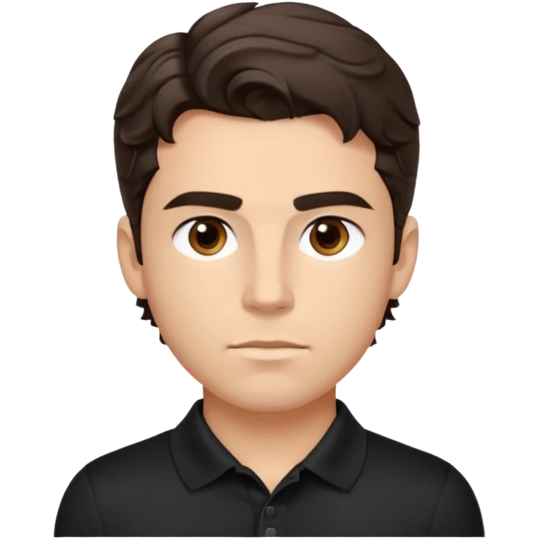 He’s a man with light to medium skin, a defined oval face, full brows, deep-set eyes, and wavy short dark brown tall hair styled with height, sides are trimmed. muscular. expression calm and focused relaxed black polo shirt. polished, articulate, and coach vibe. tall hair.  emoji