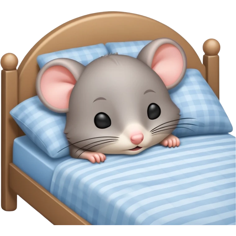 Crea una imagen de un rato adorable gris parecido a este 🐭 donde este duermiendo en una cama y de su cabeza aparezca esto 💤 indicando q está muy dormido.  emoji