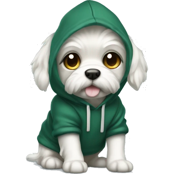 Dog white cute mini maltaise wearing a dark green hoodie  emoji