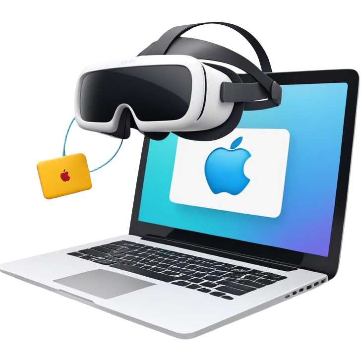 VR headset connected by a wire to a laptop. On the laptop screen, a VR/AR modeling program is open. Floating 3D models or virtual objects. Modern, tech-inspired colors. No emojis or smiley faces. Transparent background. emoji