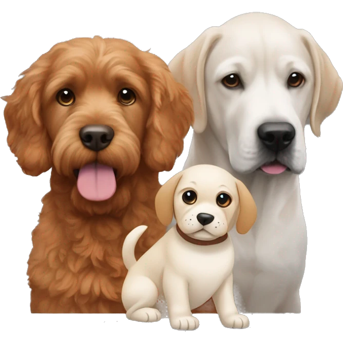 A red goldendoodle next to a white Labrador, next to a brown and gray puggle  emoji