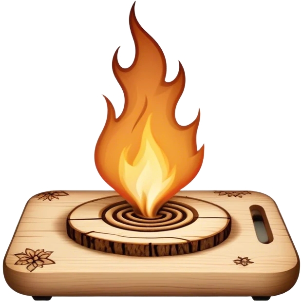 Pyrography icon, wooden board with intricate burn marks, pyrography tool (wood burner) in use, detailed patterns burned into the wood, minimalistic style, clean lines, transparent background. emoji