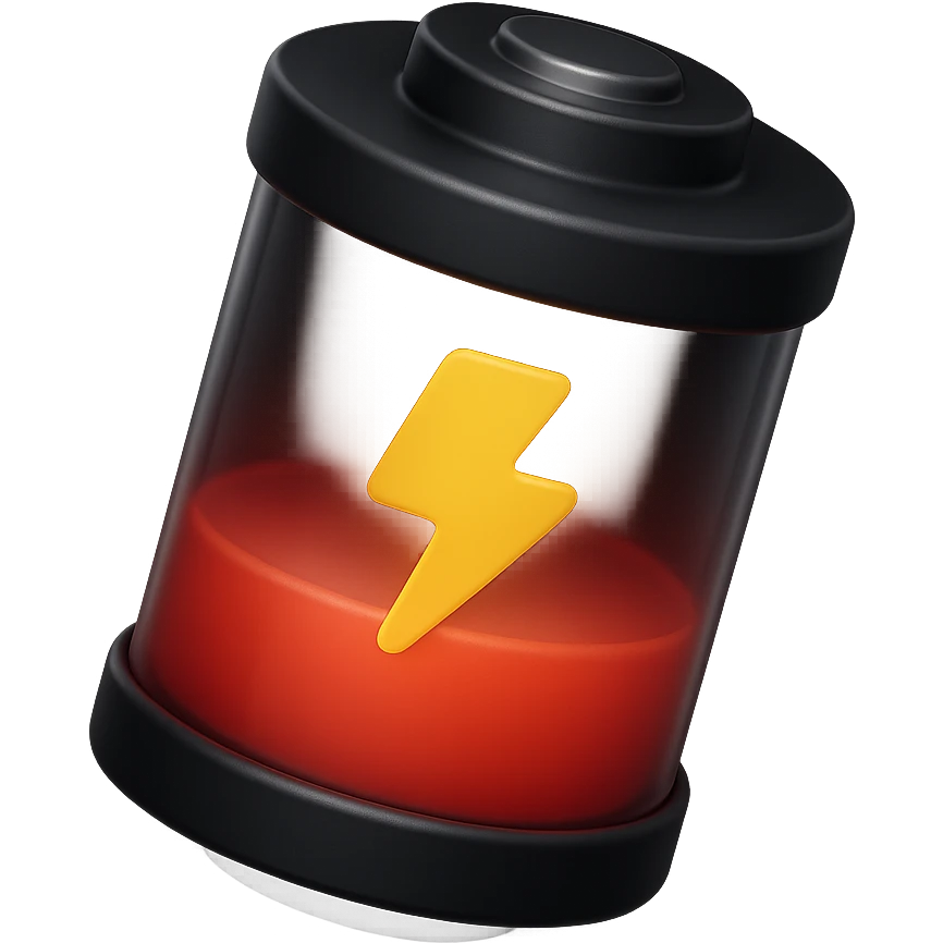 Realistic 3D cylindrical battery with half red level, inspired by the reference image, intense lighting, yellow lightning symbol, glossy details, isolated on white background. emoji
