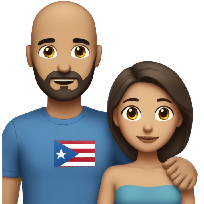 Comforting hug from brunette Puerto Rican with dark brown eyes wearing a cute blue top to short, bald man with brown eyes and a beard emoji