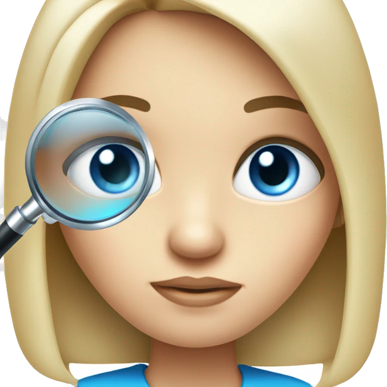 white girl with black hair and blue eyes with magnifying glass and a suspicious look emoji