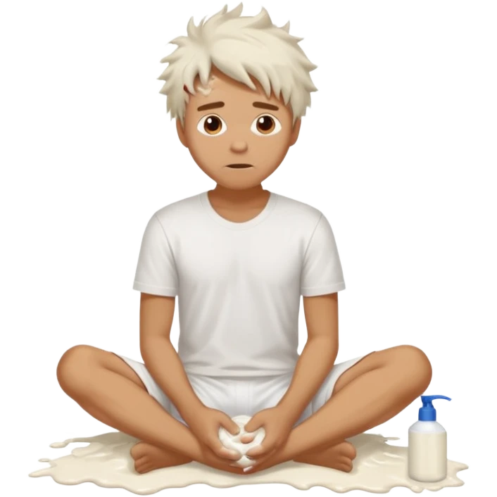 Man sitting on the floor exhausted covered in white lotion emoji