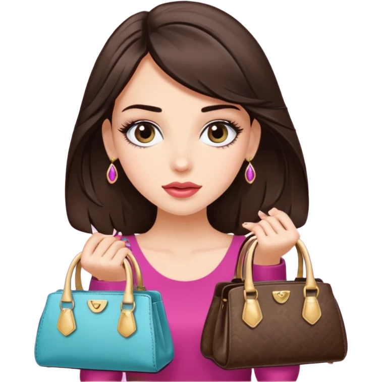Glam brunette girl with eyelashes and fa looking left and right between two purses, playful puzzled expression — can’t decide between two options emoji