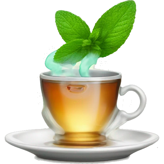 A cup of tea, a mint leaf on a platter. There's steam coming out of the cup. emoji