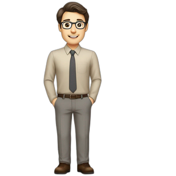 Pale skinned fit man with dark brown hair in gray jacket, beige office shirt, brown tie, brown pants and vintage glasses Writing text on the flipchart emoji