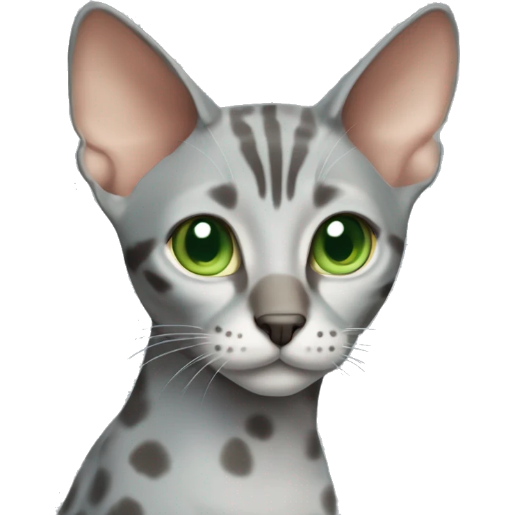 Short-haired oriental cat ,full body , grey blue coat with spots , green eyes , terracotta nuzzle emoji