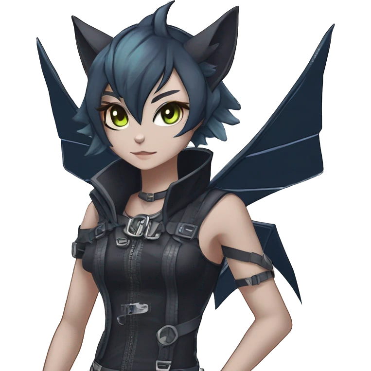 cool kawaii anime edgy distinguished pretty elegant beautiful fantasy black ethereal nargacuga-Noivern-sphynx-Quiana-Fakemon collar techwear harness belt pouches full body emoji