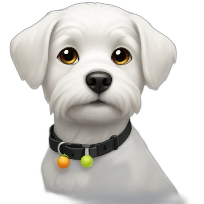 Small white dog short hair like a terries with a tennis ball and a black collar  emoji