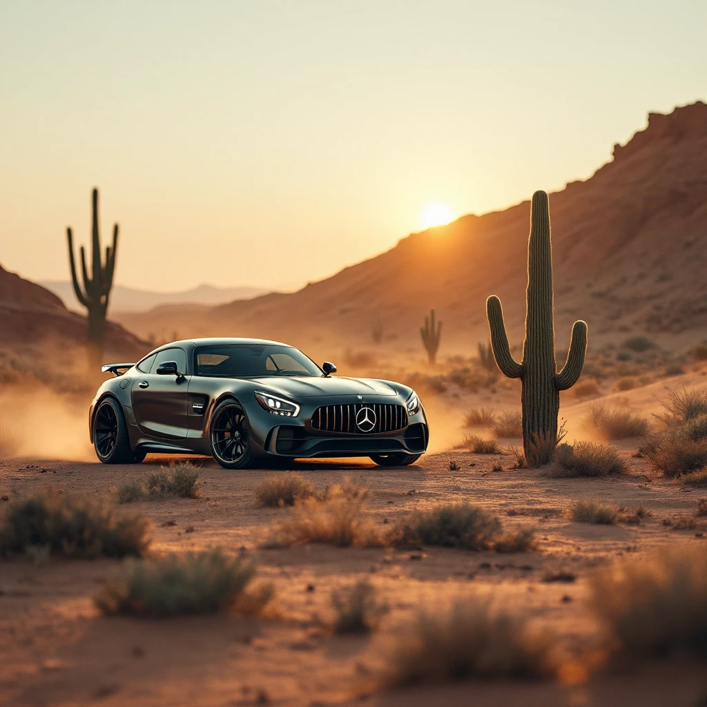 mercedes amg on desert next to cactus faun, cinematic emoji