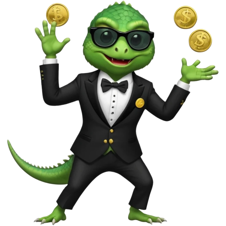 capitalist iguana banker in tuxedo and black sunglasses dancing crazy with coins emoji